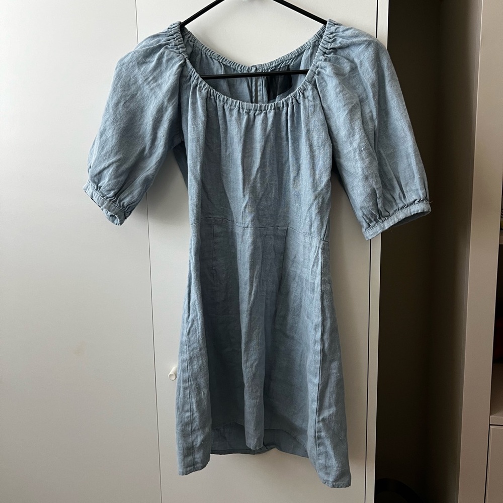 reformation light blue linen mini off shoulder dress size small